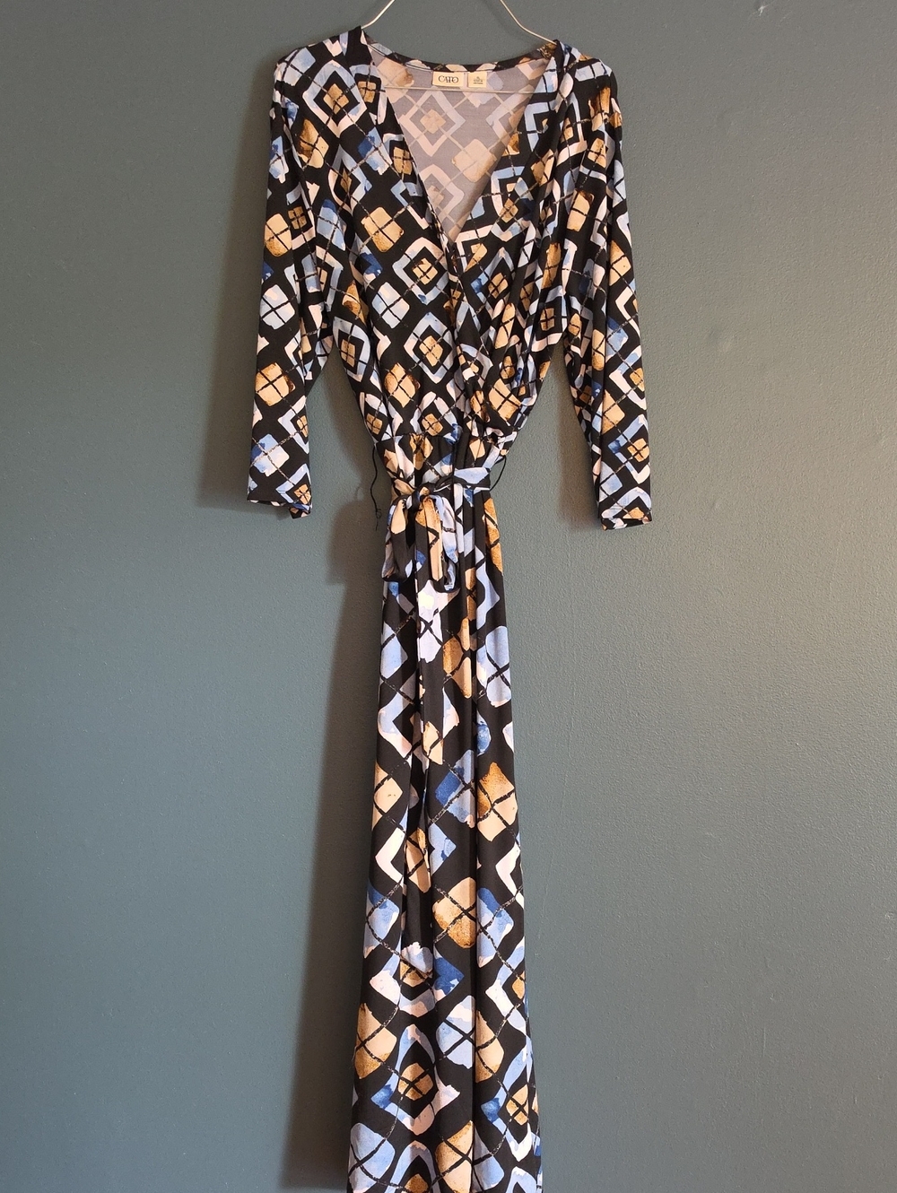 Cato's Black Wrap Maxi Dress with Blue & Tan Geometric Print